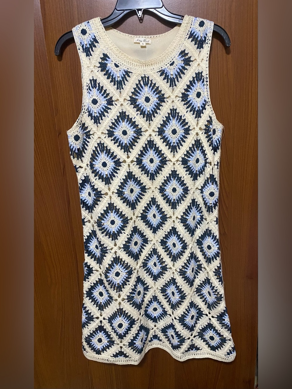 Crocheted Ivory and Navy Sleeveless Mini Summer Dress